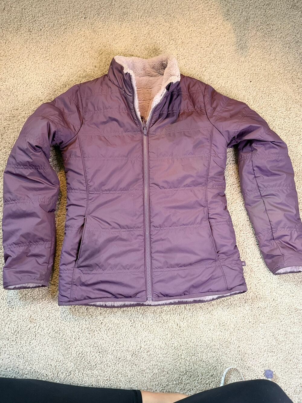 Athleta Girl Reversible Puffer Jacket Purple Lavender Faux Fur Quilted Size S/7
